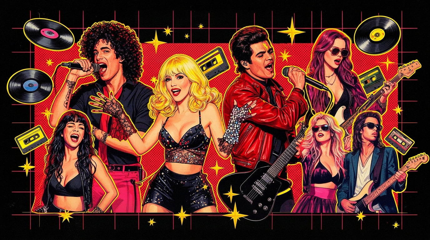 Montagem de ícones da música pop dos anos 80 e 90